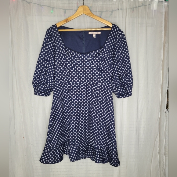 Anthropologie Dress Jenessa Womens Size 14 Polka Dot Mini Floral Blue White - Picture 1 of 10